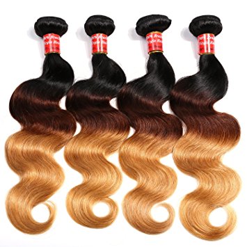 Brazilian Hair 4 Bundles,QueenStar Brazilian Virgin Body Wave Ombre 20 22 24 26 Inch 1b/4/27# Human Hair Virgin Body Wave Hair Weave Grade 7A