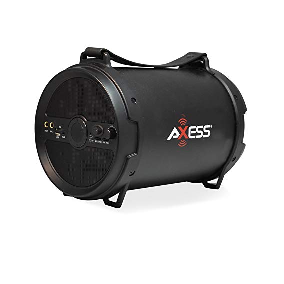 AXESS SPBT1040 Portable Bluetooth 2.1 Hi-Fi Cylinder Loud Speaker with Built-In 6" Sub and FM Radio, SD Card, USB, AUX, 6.5mm Inputs in Black (2x Wired Mics Included)