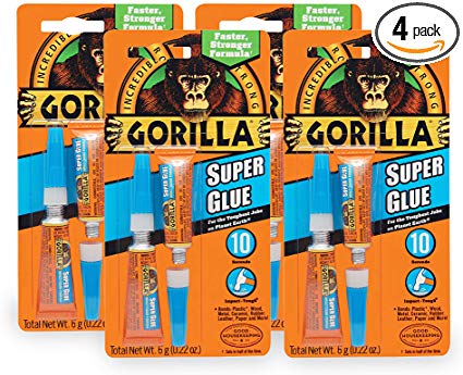 Gorilla Super Glue, Two 3 Gram Tubes, Clear, (4 Pack)