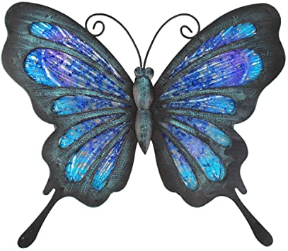 HONGLAND Metal Butterfly Wall Decor Outdoor Indoor Art Sculpture Hanging Glass Decorations Blue for Home Garden Bedroom