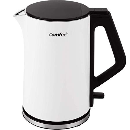 Comfee MK-15H01A1W 1.5L Electric Kettle Stainless Steel Cool Touch Double Wall, Auto Shut-off and Boil-Dry Protection, Anti splashing Lid, White