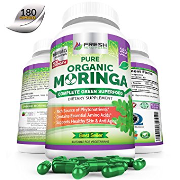 Fresh Healthcare Moringa Oleifera Green Superfood Supplement- Certified Organic by QAI - 90 Day Supply - 180 Capsules - 1000mg Per Serving