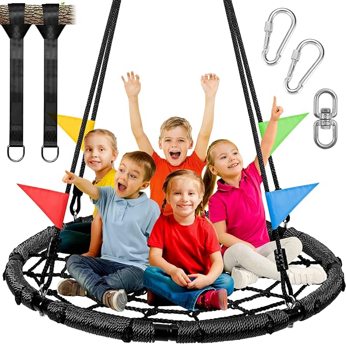 Odoland Spider Web Tree Swing, Outdoor Saucer Net Swing, 900D Oxford Platform Swing for Kids Adult, Backyard Round Flying Swing with Hanging Ropes Straps and Turnbuckle 43in Black