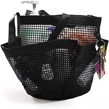 Mesh Shower Caddy Portable Quick Dry Shower Tote Bag Hanging Bath Organizers with Key Hook and 2 Handles for Dorm,Bathroom,Gym,Camp (Black)