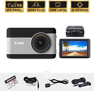 FineVu X500 Dash Cam, Front and Rear Full HD 1080P, 3.5” Touch Screen IPS, Hardwiring Cable, Samsung 64GB MicroSD Included, Night Vision ADAS Plus Time Lapse G-Sensor
