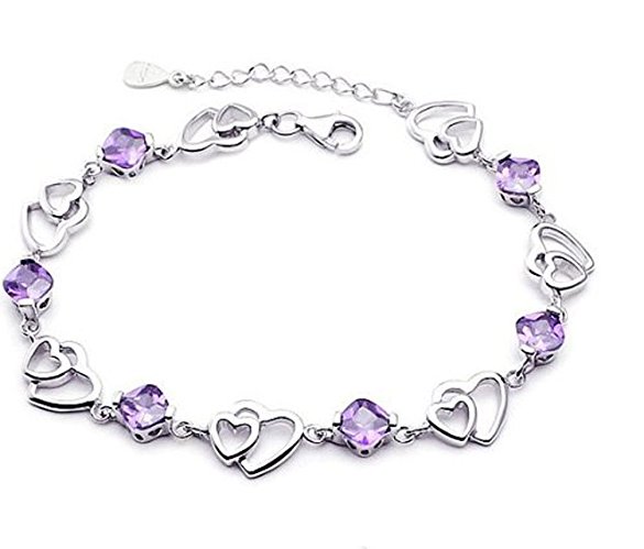 925 Sterling Silver Bracelet Double Purple Heart Crystal Bangle Bracelet