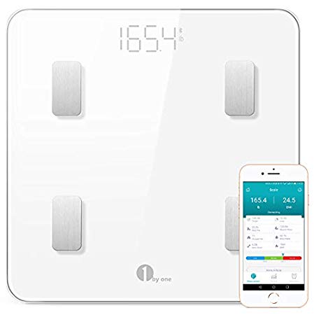 1byone Bluetooth Smart Body Fat Scale with iOS and Android App, Including Weight, BMI, Body Fat, Muscle Mass, Water Weight, and Bone Mass, etc. - White