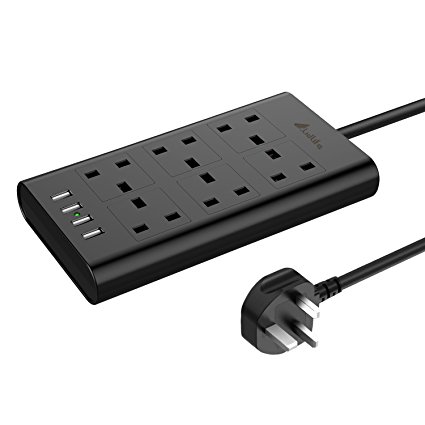 Extension Lead, Lidlife Socket 6 Way Outlet USB Charger Surge Protector Power Strip with Smart 4 USB Output Charging Station -2500W 220-250V 6.5 Feet Cord for Kindle,Galaxy S7 Edge / Note, iPhone 7 Plus / 7 / 6S Plus / 6 / SE / 5S / iPad Air mini etc. (Black)