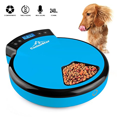 CanineStar Automatic Pet Feeder Pet Dish with Intelligent Real Voice Recorder Timer Food Dispenser with LCD Display and 240ML 5 Capacity for Cats, Dogs, and House Animals