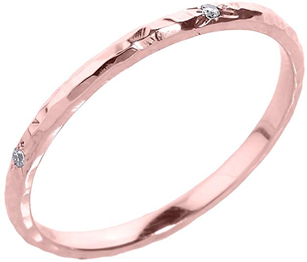 Modern Contemporary Rings Dainty 10k Rose Gold Pink Hammered Band Stackable Diamond Ring