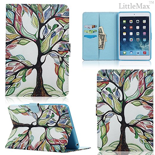 iPad Mini Case - LittleMax(TM) Synthetic Leather Auto Wake/Sleep Stand Case [Card Holder] Flip Folio Wallet Case Cover for iPad Mini 3/2/1 [Free Cleaning Cloth,Stylus Pen]--#1 Life Tree