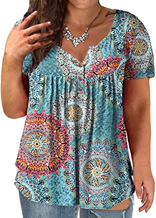 VOGRACE Plus-Size Tops for Women Summer Henley Shirts Flowy Tunics Tee