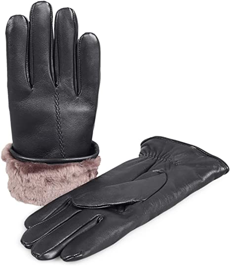 Zavelio Women's Premium Shearling Sheepskin Fur Lined Leather Fur Gloves