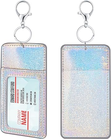 2 Pieces Glitter ID Badge Holder Vertical Badge Clip Key Chain Holder Silicone Card Holder with Clear Window, Key Ring, Metal Clip for Office, Name Card, ID Card (Mermaid Color)