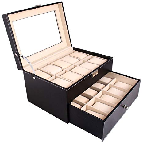 Bonnlo 20-Slot Leather Watch Box / Watch Case / Jewelry Box / Watch Jewelry Display Storage Metal Hinge Glass Top Large Holder (Black)