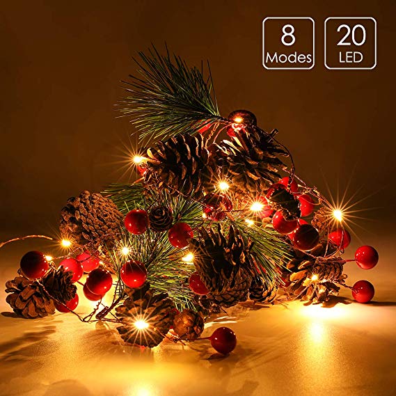 6.5FT 20 LED Christmas Garland with Lights, Red Berry Pine Cone Garland Lights Battery Operated, led Garland String Lights, Christmas Decorations for Home, Garland for Fireplace