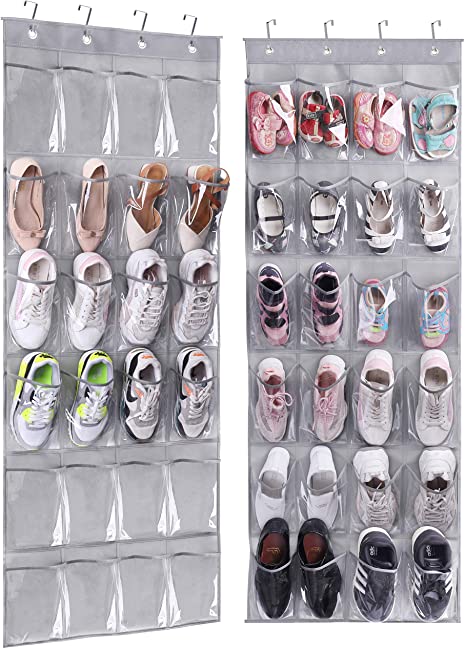 MISSLO Over The Door Hanging Shoe Organizer 24 Large Clear PVC Pockets Shoe Storage Hanging Shoe Holder, 2 Packs, Gray