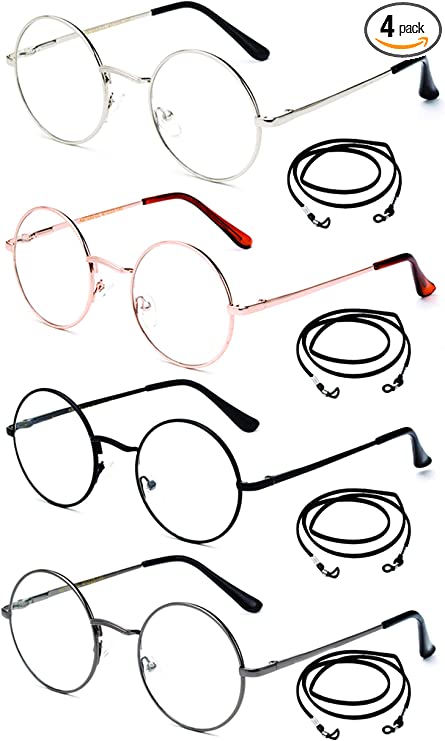 Newbee Fashion 4 Packs Round Reading Glasses with Lanyards Metal Frame Slim Rim Spring Hinge Circle Frame Vintage Reading Glasses  2.00