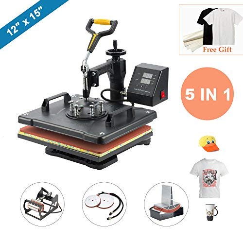 CO-Z 5 in 1 12” X 15” Heat Press 360 Degree Swivel Heat Press Machine Multifunction Sublimation Combo T Shirt Press Machine for Mug Hat Plate Cap Mouse Pad 1250W (Basic 5 in 1)