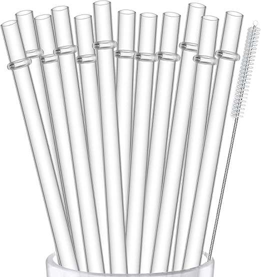 ALINK 12-Pack Reusable Hard Plastic Clear Straws, 10.5 inch Tumbler Straws with Cleaning Brush