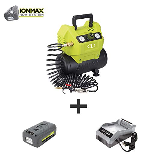 Sun Joe IONAIR 40V Cordless 1.6-Gallon Air Compressor w/Inflator Accessories, Kit (w/4.0-Ah Battery   Quick Charger)