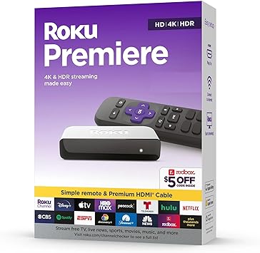 Roku Premiere (3920RW-SW) 4K & HDR Streaming Media Player with Premium High Speed HDMI Cable and Simple Remote (Damaged Box)