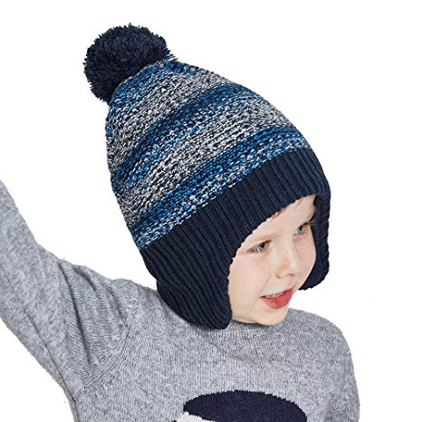 Toddler Winter Hats for Boys Ear Flap Beanie Kids Real Fox Fur Pom Pom Beanie