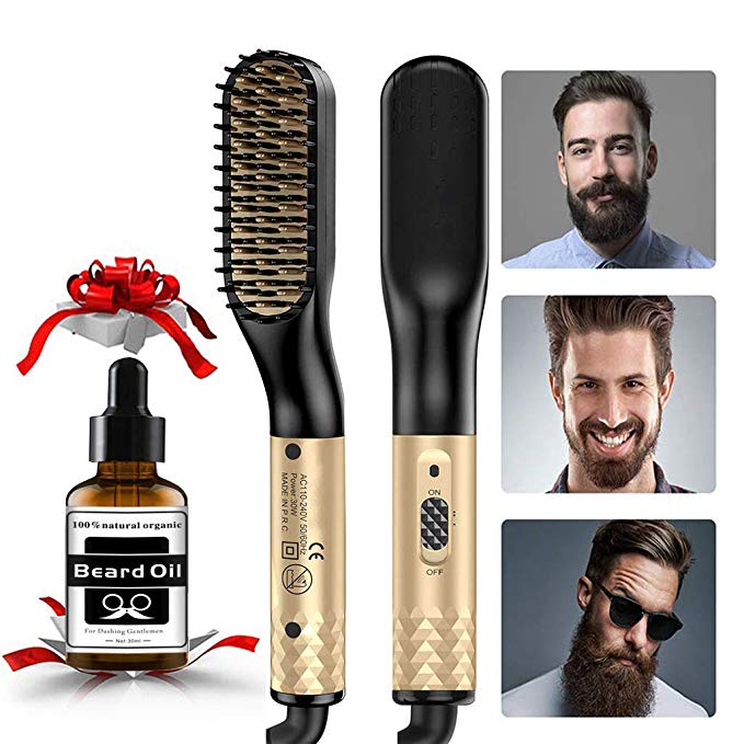 Beard Straightener, Hair Straightener Brush, Upgraded Quick Electric Heated Hair Comb Kit with Beard Oil, Hot Ionic Hair Straightening Comb, Ideal Gift for Men & Women