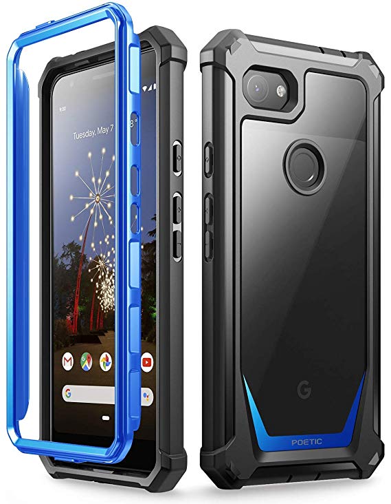 Google Pixel 3a XL Rugged Clear Case, Poetic Full-Body Hybrid Shockproof Bumper Cover, Built-in-Screen Protector, Guardian Series, Case for Google Pixel 3a XL (2019 Release), Blue/Clear