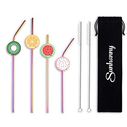 Sunhanny Set of 4 Stainless Steel Straws with Silicone Straws Maintainer,Rainbow Multi-Colored Straws for 30oz 20oz Tumblers Cups Mugs,Reusable Metal Drinking Straws with Cleaning Brush&Straws Holder
