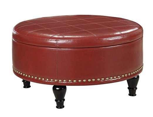 Office Star Augusta Eco Leather Round Storage Ottoman with Brass Color Nail Head Trim and Deep Espresso Legs, Crimson Red