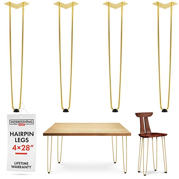 28 Inch Gold Hairpin Legs –4 Easy to Install Metal Legs for Furniture –Mid-Century Modern Legs for Dining and End Tables, Chairs, Home DIY Projects   Bonus Rubber Floor Protectors by INTERESTHING Home