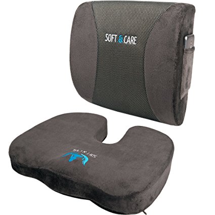 SET of 2: Seat Cushion Coccyx Orthopedic Memory Foam & Lumbar Support Pillow by SOFT&CARE. Best PREMIUM Cushions for Sciatica Pain Relief and Lower Back Pain Relief (Dark Gray)