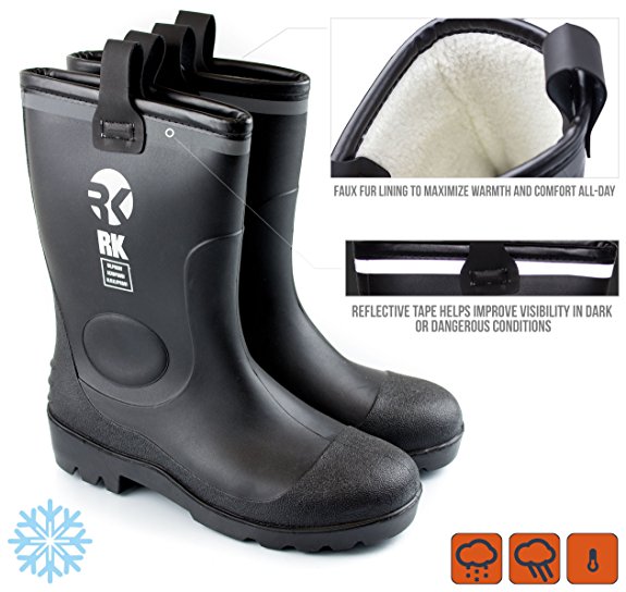 RK Mens Insulated Waterproof Fur Interior Rubber Sole Winter Snow Cold Weather Rain Boots