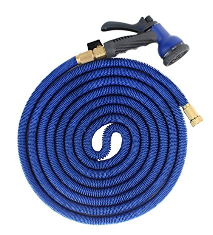 FOCUSAIRY 50ft Heavy Duty Expandable Garden Water Expanding Hose with Shut Off Valve Solid Metal Connector and 8-pattern Spray Nozzle