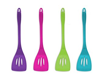 Invero® 4 Pack of Kitchen Cooking Solid Silicone Slotted Spatula with Plastic Transparent Handle and Hanging Loop