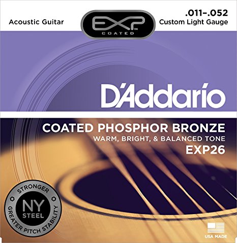 D'Addario EXP26 with NY Steel Phosphor Bronze Acoustic Guitar Strings, Coated, Custom Light, 11-52