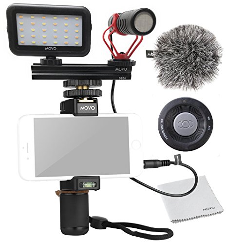 Movo Smartphone Video Kit V1 with Grip Rig, Shotgun Microphone, LED Light & Wireless Remote - for iPhone 5, 5C, 5S, 6, 6S, 7, 8, X (Regular and Plus), Samsung Galaxy, Note & More