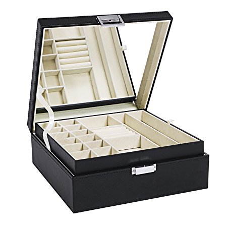 BEWISHOME Jewelry Box Organizer 40 Section Display Storage Box Case Large Mirror Girls Women Black SSH01B