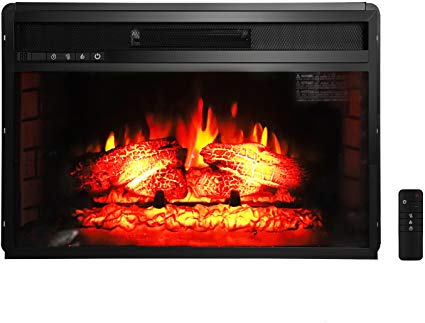 ROVSUN 26" Recessed Electric Fireplace Insert W/Remote Control Timer Adjustable 5200BTU Quartz Space Heater FireBox,3 Realistic Flame Effect,Two Side Built-In Wall Tiles Logs,CSA Listed(Black)