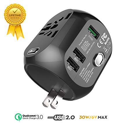 CCJK Universal Travel Adapter, International Power Adapter Quick Charge 3.0A USB All in One Worldwide Wall Charger AC Plug Adapter With 6A Smart Power for USA EU UK AUS (Black)