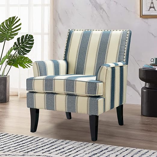 HULALA HOME Modern Accent Chair with Arms and Wooden Legs, Mid Century Accent Chair Armchair High Back Rest, Padded Armrest and Comfortable Cushioned Seat for Living Room (Stripe Blue)