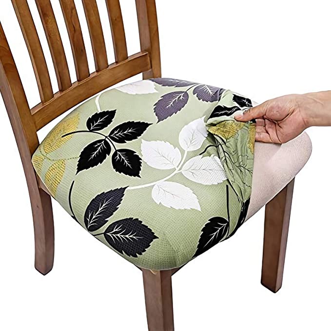 Comqualife Stretch Printed Dining Chair Seat Covers, Removable Washable Anti-Dust Upholstered Chair Seat Cover for Dining Room, Kitchen, Office (Set of 6, Green Leaves)