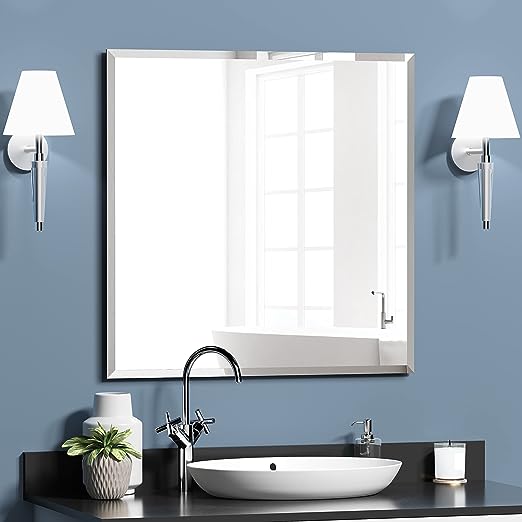 KOHROS Square Beveled Polished Frameless Wall Mirror for Bathroom, Vanity, Bedroom (24" Square)