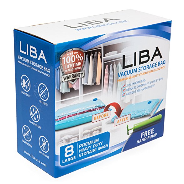 LiBa Space Saver Vacuum Storage Bags (Pack of 8) with FREE Hand Pump - for Clothes Blankets Duvets Comforters Pillows Travels, Works with Any Vacuum Cleaner, Save Space by 80% (1, Large)