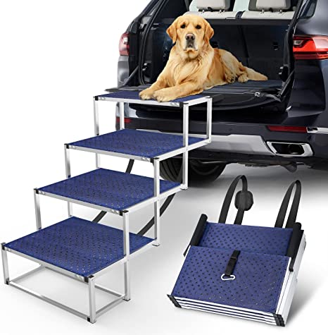 Extra Wide Dog Car Stairs for Large Dogs, Foldable Aluminum Lightweight Dog Steps for Car, Truck and SUV with Non-slip Portable Pet Steps Suitable for Large Old Dogs & Cats, 5 Steps & Supports 250 lbs