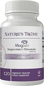 Magtein Magnesium L-Threonate Supplement – 2000 Mg L-Threonate Magnesium Supplement for Sleep, Calm, Memory, & Brain Fog – Non-GMO Magnesium L-Threonate – 120 Vegetarian Capsules by Nature's Trove