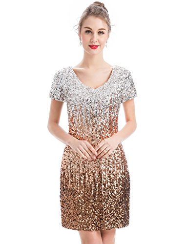 MANER Women's Sequin Glitter Short Sleeve Dress Sexy V Neck Mini Party Club Bodycon Gowns