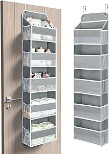 Yecaye 1 Pc Over The Door Organizer with 5 Bins 10 Side Pockets, 44lbs Load Hanging Bathroom Organizer, No Tilt Closet Organizers and Storage for Bedroom, Baby Organizer for Extra Storage, Grey