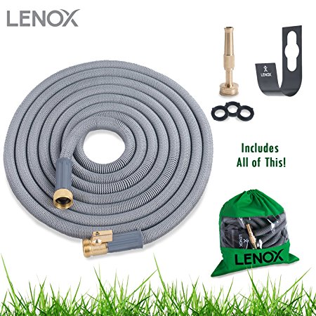 Expandable Hose 100 ft Expanding Water Hose Heavy Duty Latex Solid ON/OFF Brass Valve Connector Includes: FREE Metal Wall Hanger- Jet Brass Nozzle- Storage Bag and Washers 100ft Expandable Garden Hose